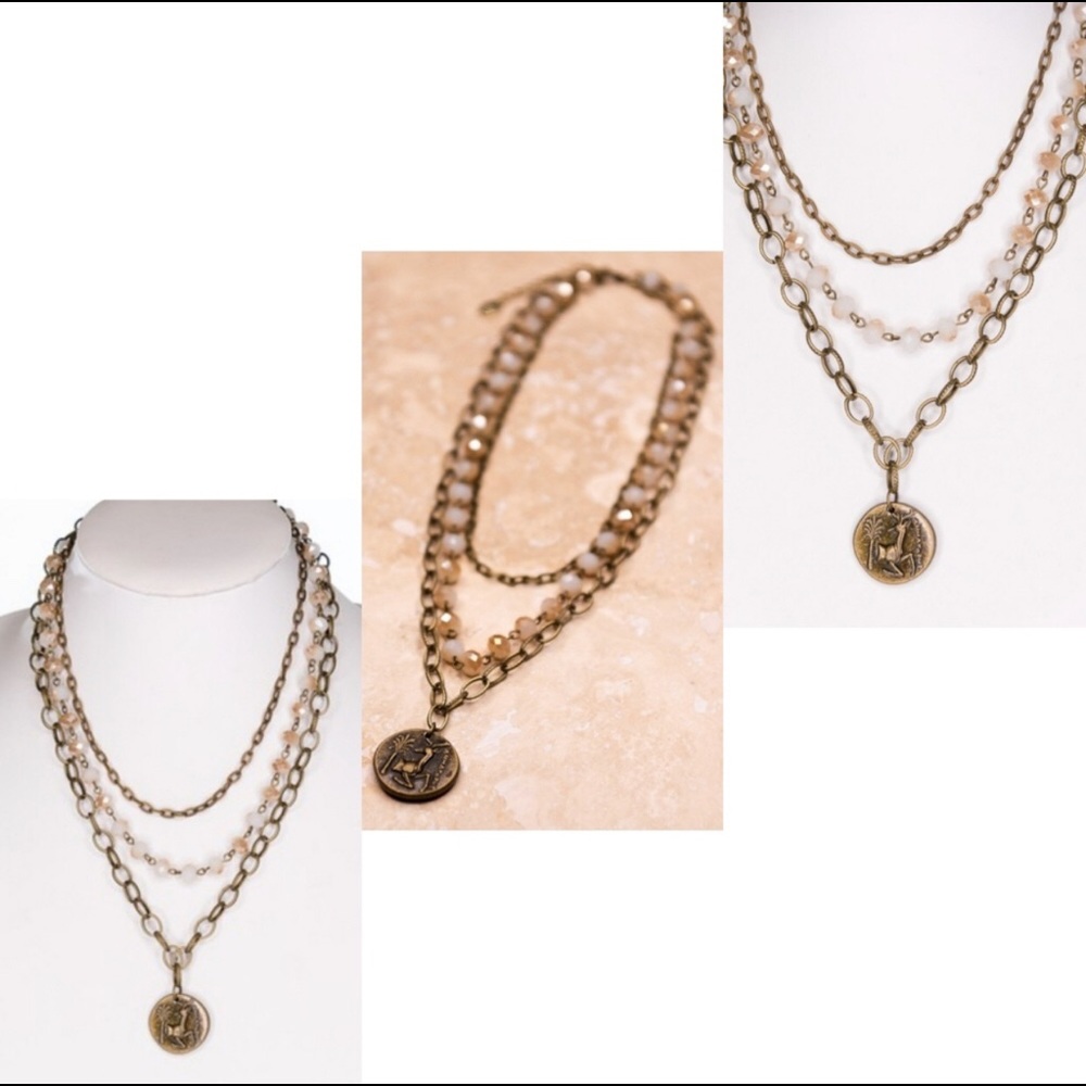 Dylan Triple Chain Beaded Coin Necklace